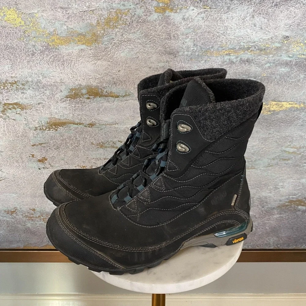 Ahnu Snow Boots Womens Size 9 Black Nubuck Vibram Lace Up Hiking Mid Calf